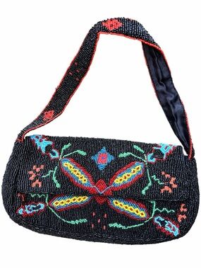 Vintage Y2K 90’S CHRISTIANA Black Multi Colour Beaded Shoulder Baguette Purse